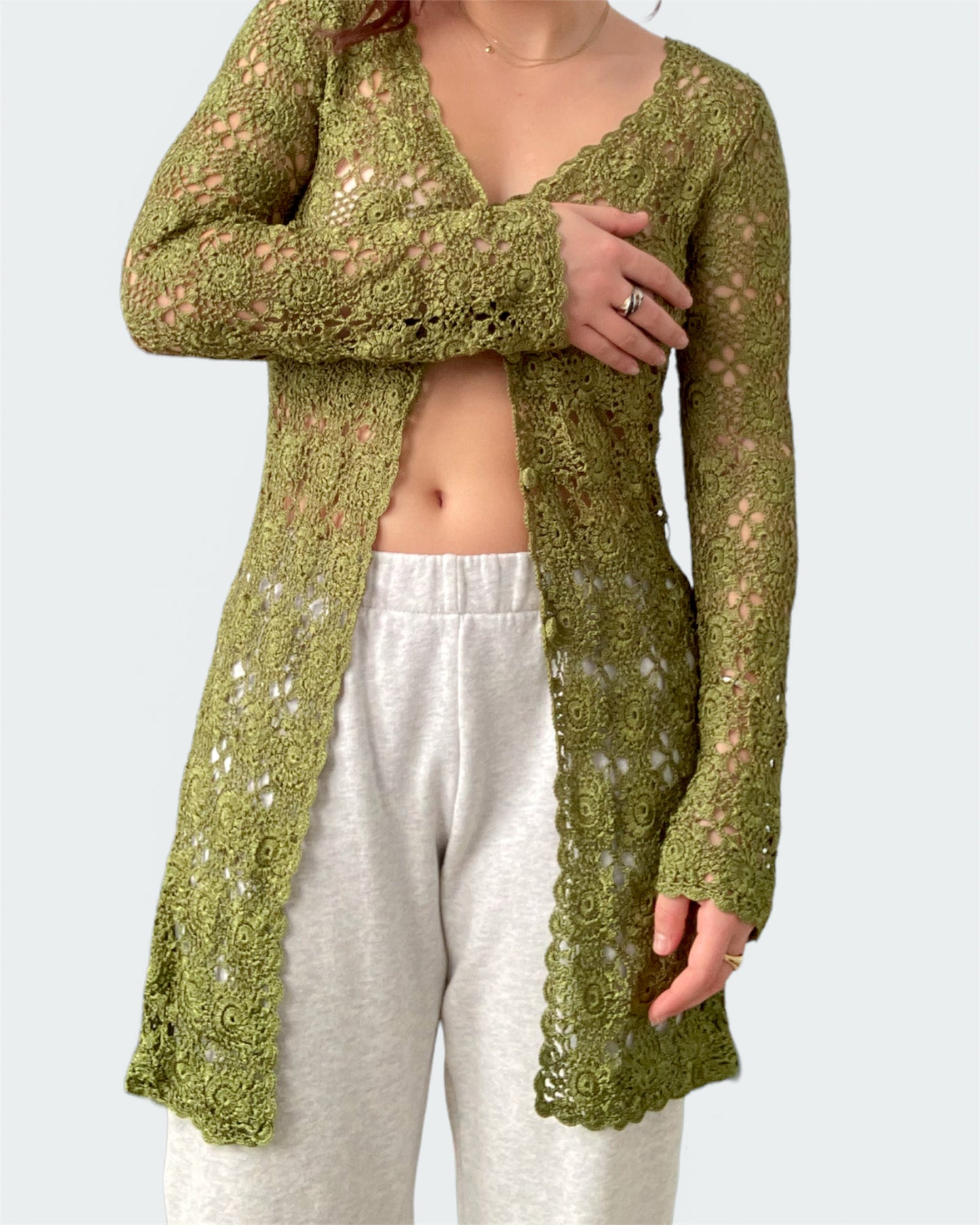 Vintage Green Crochet Long Cardi